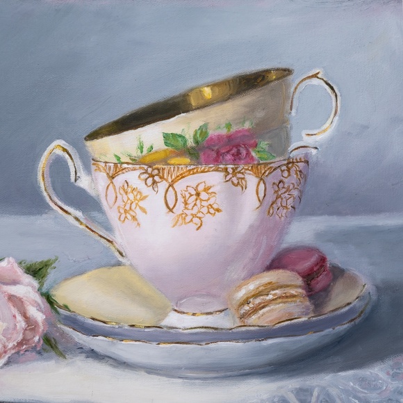 Oil painting still life "Two cups , macaroons and rose" 11" x 16" - Picture 2 of 5